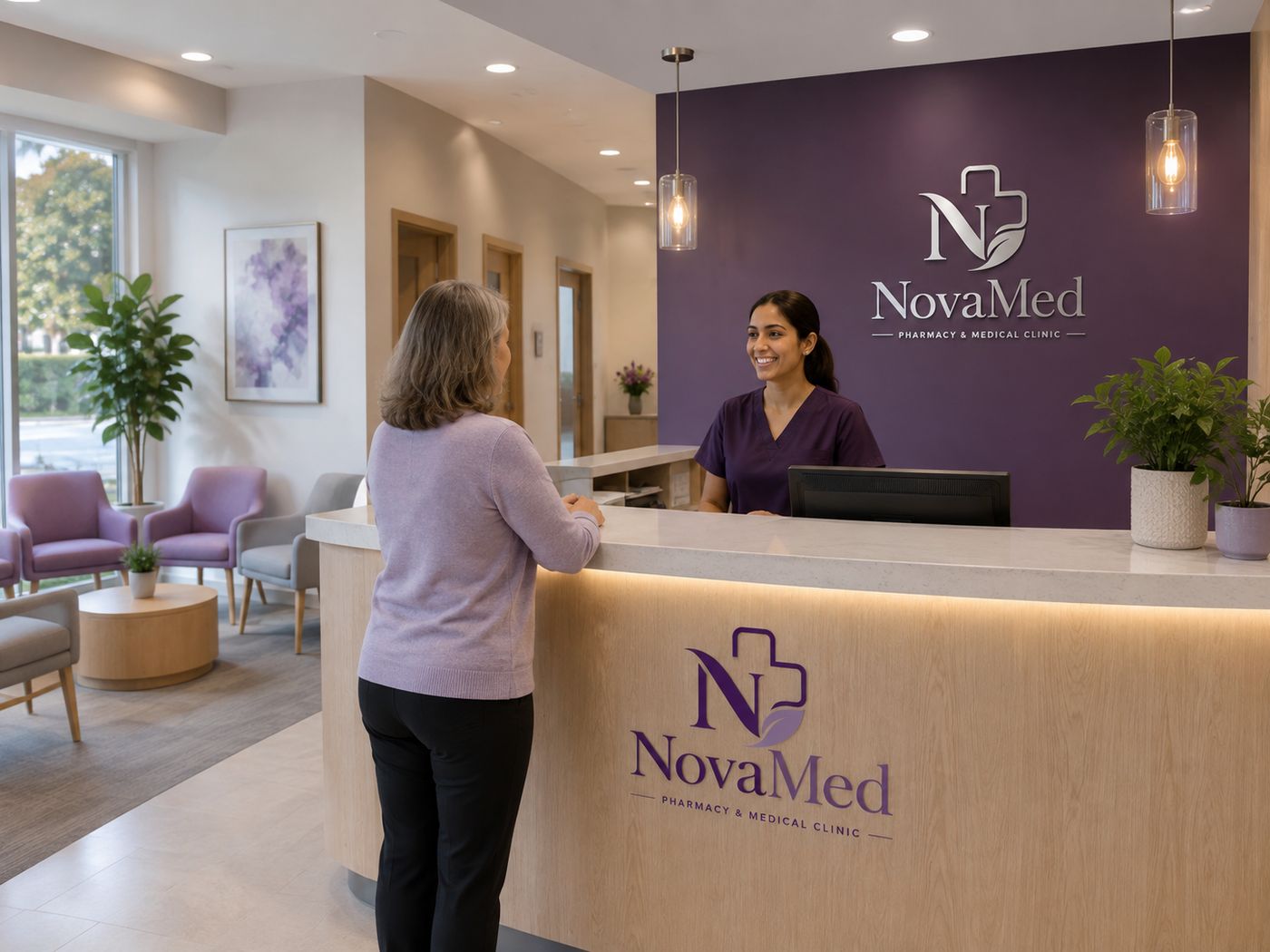 NovaMed Pharmacy counter with a staff member welcoming a patient
