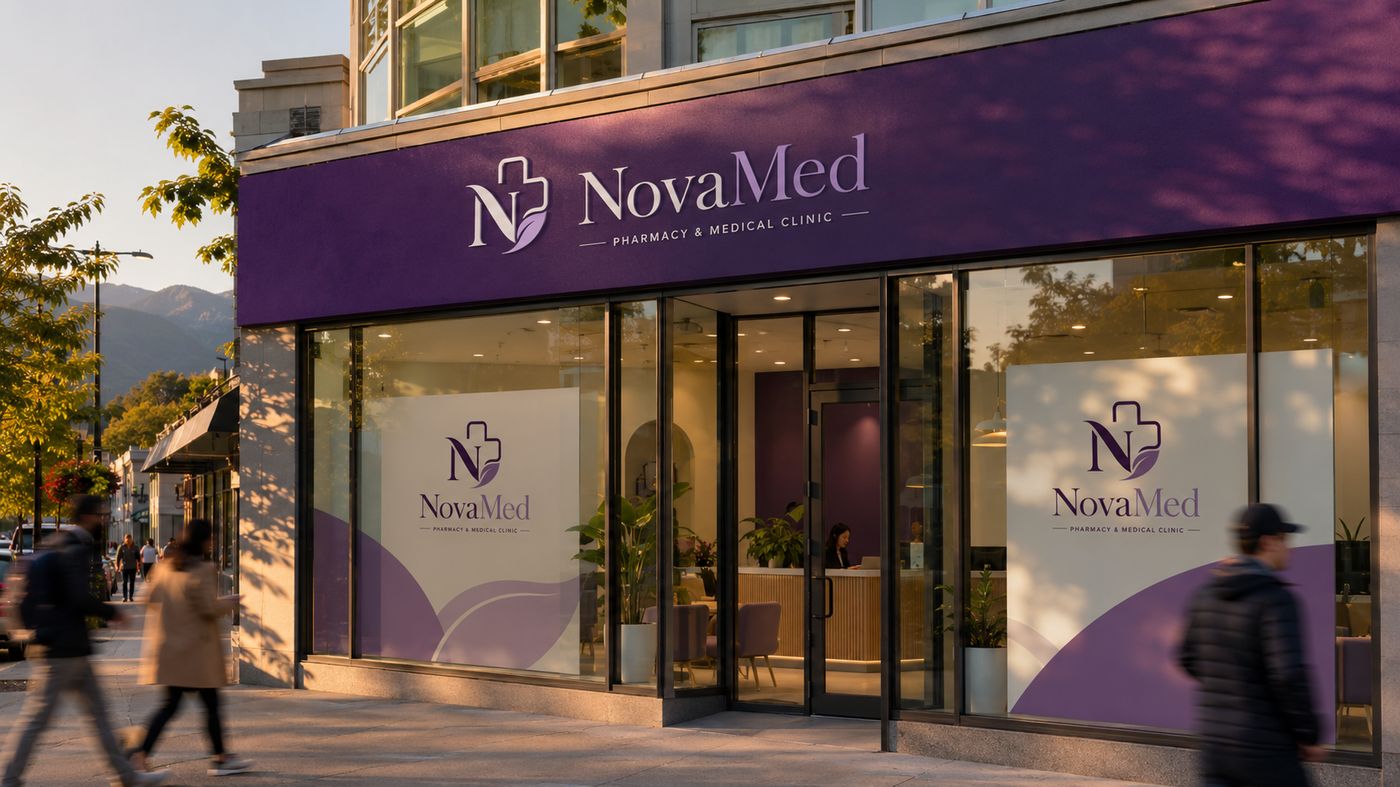 NovaMed Pharmacy storefront on Hastings Street in Burnaby