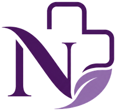 NovaMed monogram: letter N with a medical cross and leaf
